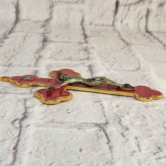 Gold Metal & Red Enamel Crucifix Jesus Wall Figure INRI Inscription 7x4.5" Italy - Picture 7 of 9